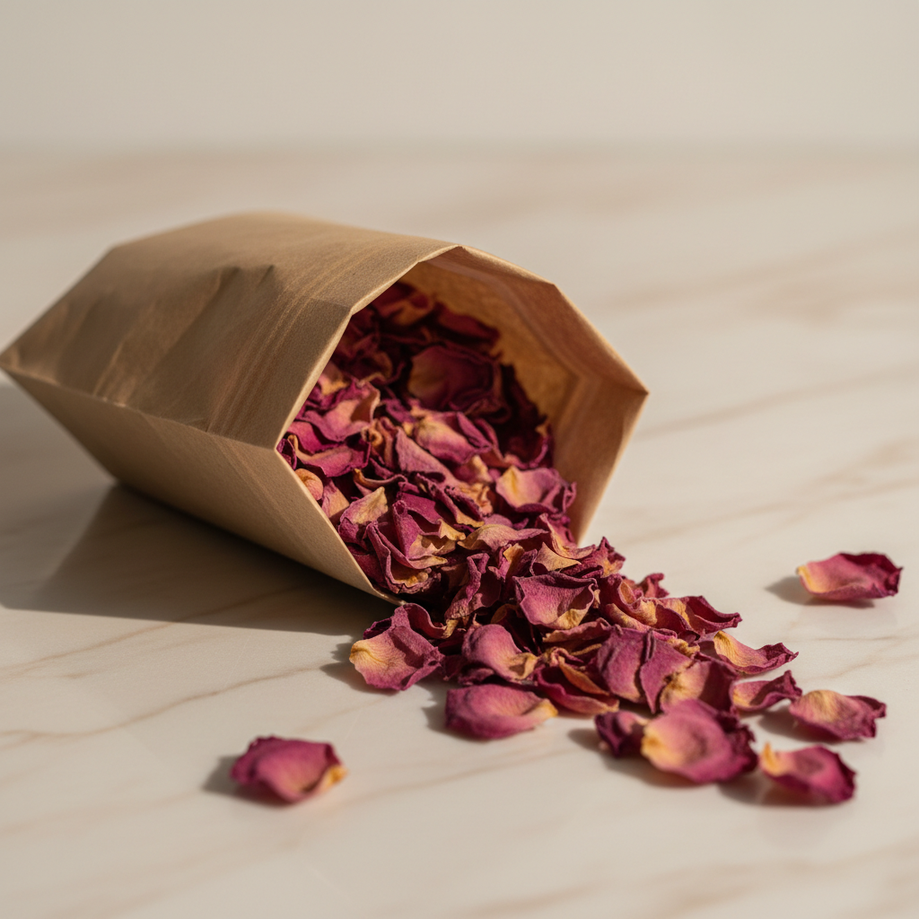 Dried Madinah rose petals in a kraft pouch on white marble
